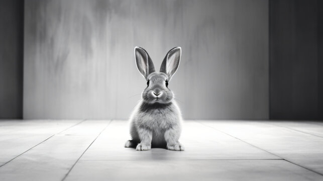 A black and white photo of a rabbit