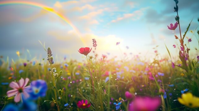 photo close up beautiful meadow with colorful spring flowers and a beautiful rainbow in the sky