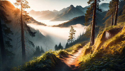 Mountain with a forest and thick fog, the narrow path is overgrown, early in the morning