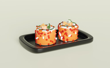 3d uramaki sushi on food tray, japanese food isolated concept, 3d render illustration