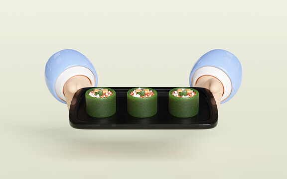 3d hand hold salmon onigiri sushi on food tray, japanese food isolated concept, 3d render illustration