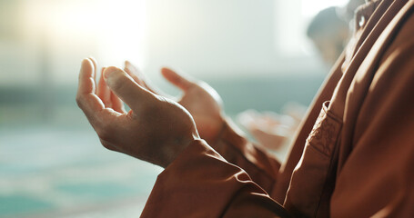 Muslim man, praying and mosque with hands, closeup and mindfulness with worship, praise or...