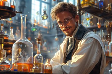 A charming chemist with tousled hair smiles confidently, surrounded by an array of colorful glassware that illuminates his vintage-styled laboratory with a warm, inviting glow. - obrazy, fototapety, plakaty