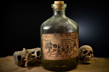 Bottle containing lethal poison, adorned with skull emblem and cautionary labels. Generative AI
