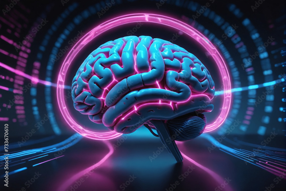 Aufkleber a digital representation of a human brain glows with neon blue and pink lights, surrounded by dynami