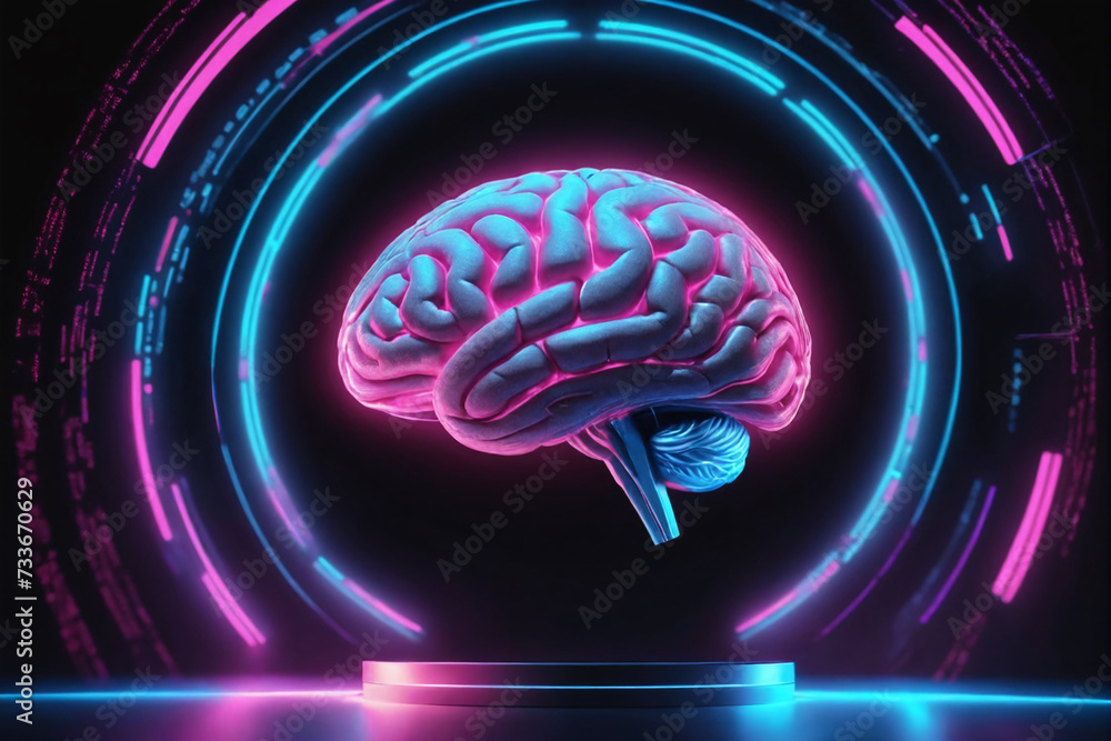 Aufkleber A digital representation of a human brain glows with neon blue and pink lights, surrounded by dynamic data rings on a dark background