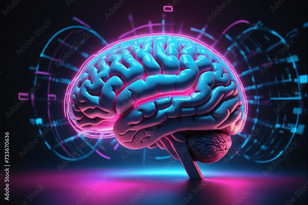 Aufkleber a digital representation of a human brain glows with neon blue and pink lights, surrounded by dynami