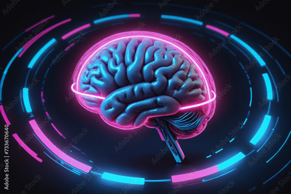 Aufkleber a digital representation of a human brain glows with neon blue and pink lights, surrounded by dynami