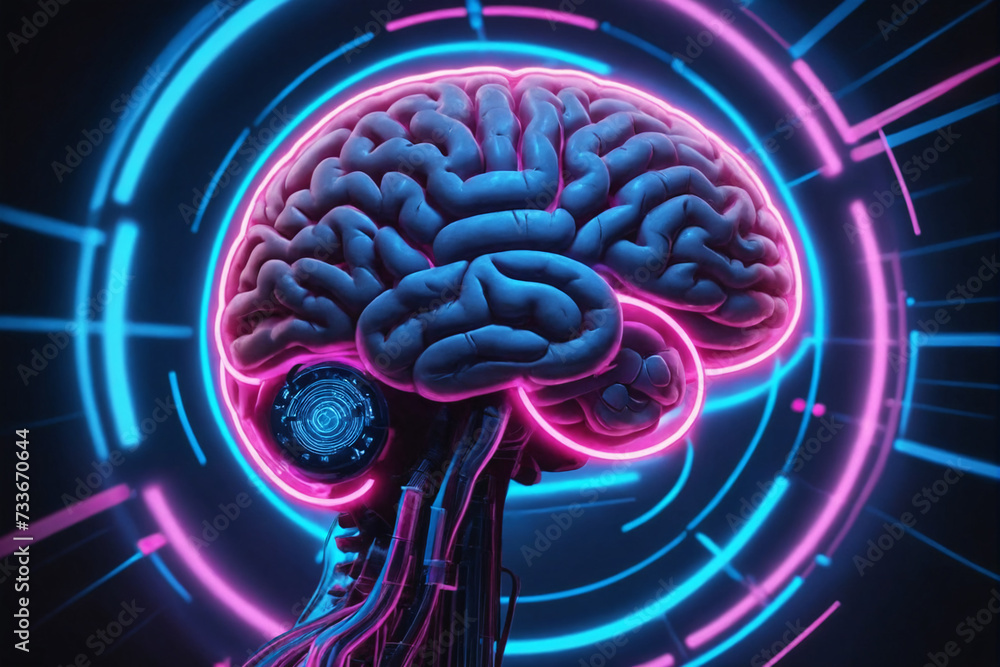 Aufkleber A digital representation of a human brain glows with neon blue and pink lights, surrounded by dynamic data rings on a dark background
