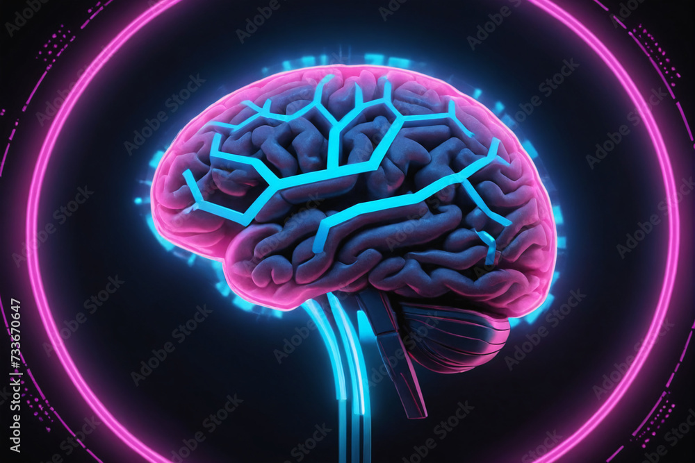 Aufkleber a digital representation of a human brain glows with neon blue and pink lights, surrounded by dynami