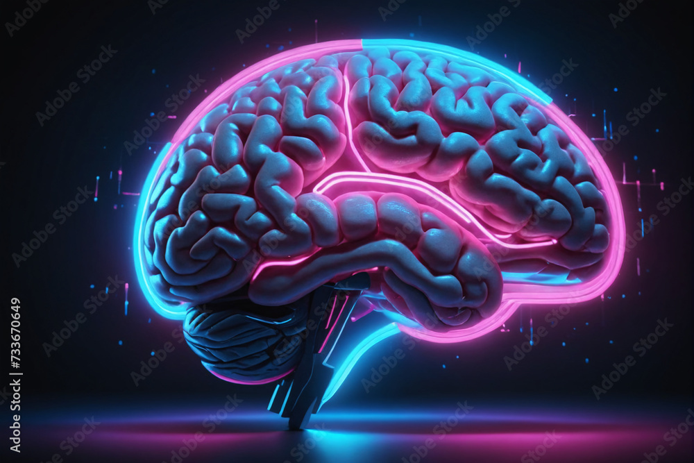 Aufkleber a digital representation of a human brain glows with neon blue and pink lights, surrounded by dynami