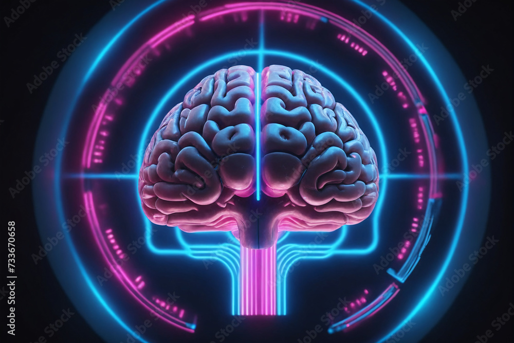 Aufkleber a digital representation of a human brain glows with neon blue and pink lights, surrounded by dynami