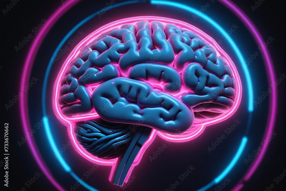 Aufkleber A digital representation of a human brain glows with neon blue and pink lights, surrounded by dynamic data rings on a dark background