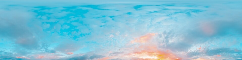 Sunset sky panorama with bright glowing pink Cirrus clouds. HDR 360 seamless spherical panorama. Full zenith or sky dome in 3D, sky replacement for aerial drone panoramas. Climate and weather change.