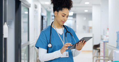 Face, tablet or doctor in hospital with research on social media to search for medicine info...