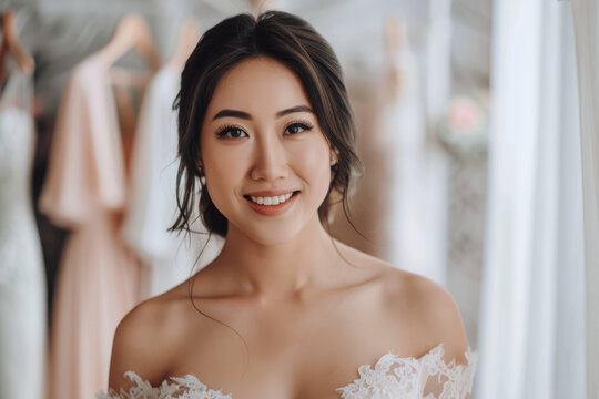 Portrait Of A Beautiful Asian Bride In Her Wedding Dress