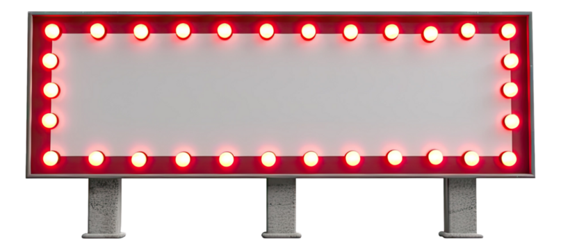A high-quality PNG of a cartoon-style retro billboard, featuring ultra-realistic white design with vibrant red lights on its edges, cut out background.