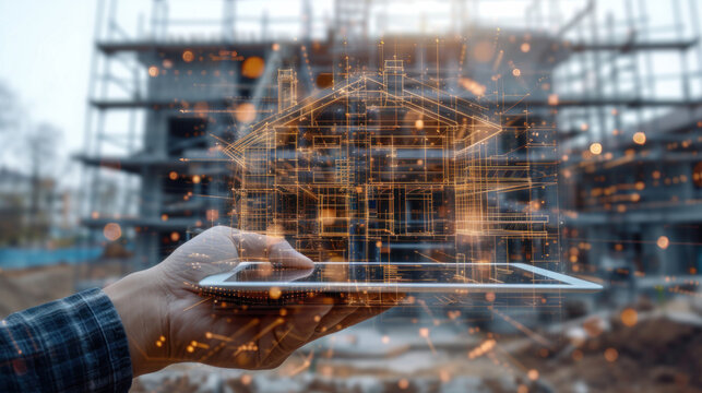 Contractor. construction worker using digital smart tablet with modern building or house hologram at construction site, digital, technology, contractor, architecture, industrial, engineering concept