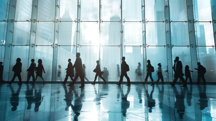 Business Company. abstract motion blur image of business people crowd walking at corporate office in city downtown, goal, silhouette tone, blurred background, business center concept