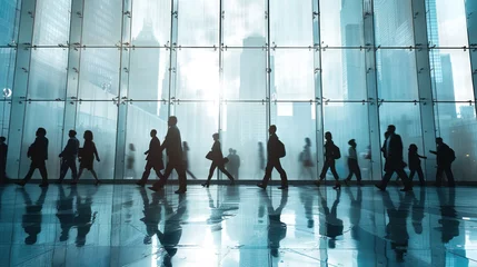 Deurstickers Business Company. abstract motion blur image of business people crowd walking at corporate office in city downtown, goal, silhouette tone, blurred background, business center concept © Pravit