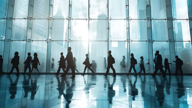 Business Company. abstract motion blur image of business people crowd walking at corporate office in city downtown, goal, silhouette tone, blurred background, business center concept