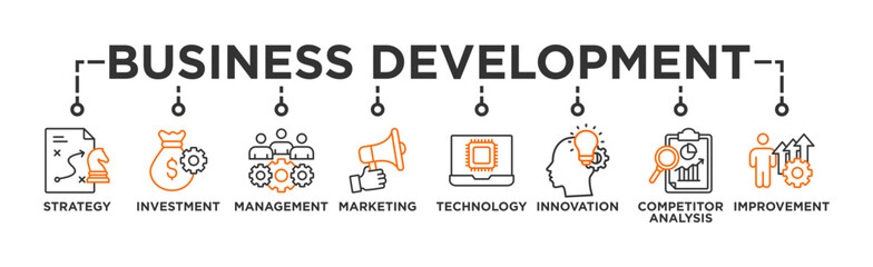 Business development banner web icon vector illustration concept with icon of strategy, investment, management, marketing, technology, innovation, competitor analysis, improvement