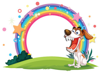 Obraz na płótnie Canvas Cartoon dog smiling under a vibrant rainbow arch.