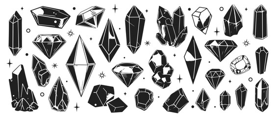 Crystals vector illustration set. Mineral, moon stone, quartz, diamond in style of hand drawn black doodle on white background. Gemstone silhouette sketch