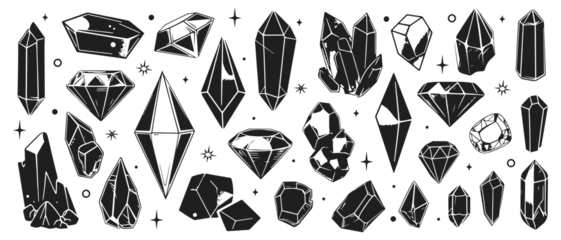 Foto op Plexiglas Crystals vector illustration set. Mineral, moon stone, quartz, diamond in style of hand drawn black doodle on white background. Gemstone silhouette sketch © Pixel Pine