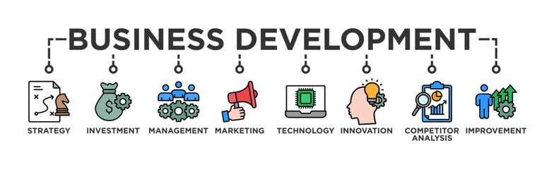 Business development banner web icon vector illustration concept with icon of strategy, investment, management, marketing, technology, innovation, competitor analysis, improvement