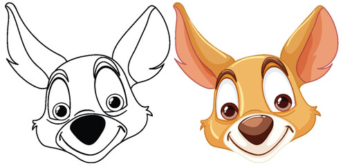 Illustration of a dog's transformation from line art to color