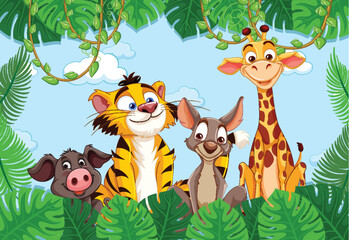 Cartoon animals smiling in a lush jungle setting