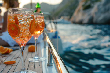 close view of a Group of friends relaxing on luxury yacht and drinking cocktails at exclusive boat...