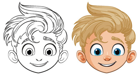 Black and white and colored boy illustrations side by side.