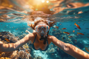 Girl swimming with tropical fish