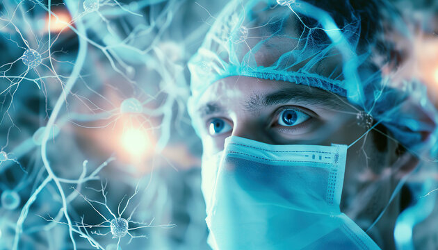Close-up of a male surgeon wearing surgical cap and mask, with a double exposure neural network graphic. 