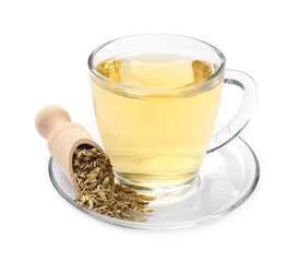 Aromatic fennel tea in cup, seeds and scoop isolated on white