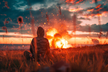 Back view of a lonely person is sitting on the grass watching an explosion. War, enemy attack concept.