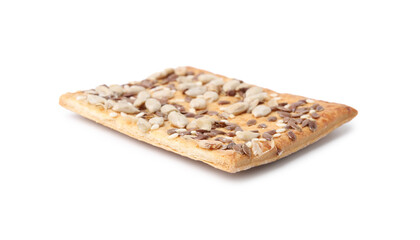Cereal cracker with flax, sunflower and sesame seeds isolated on white