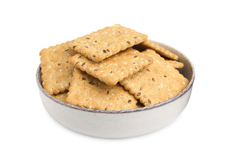 Cereal crackers with flax and sesame seeds in bowl isolated on white