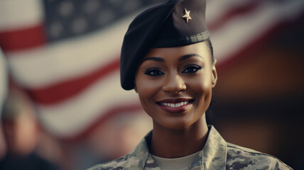 black female soldier smiling looking at camera