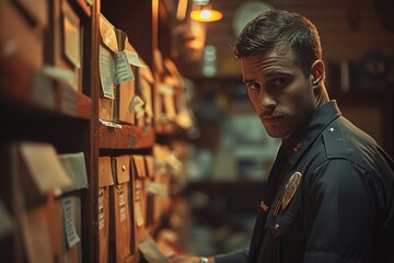 A police officer searches through files, his focused demeanor bathed in the warm light of the archive room. His sharp glance suggests a quest for truth amidst the repository of recorded history.
