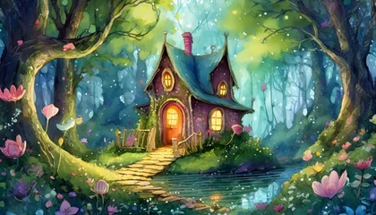 Fotobehang Home tree in the park, cozy little house in a magical woods on the pages of a fairy tale book © Bilawl