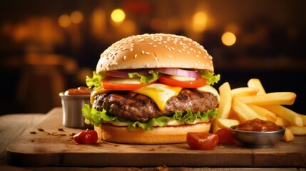 Classic hamburger on a wooden plate and French fries at the back on Burger Shop background.