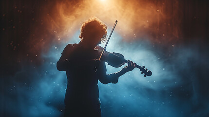 silhouette of man playing violin, concert and stage lights blue orange background