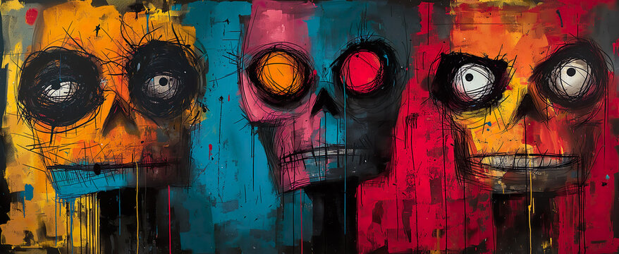 Graphic Skulls On A Graffiti Wall. Illustration On The Theme Of Graffiti And Drawing. Generative AI