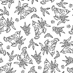 Seamless pattern with black and white hand drawn cute bird and flowers motifs. Retro monochrome style floral wallpaper