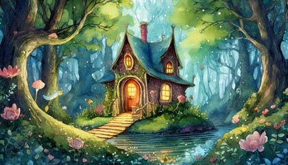 fairy tale castle in forest wallpaper cozy little house in a magical woods on the pages of a fairy tale book