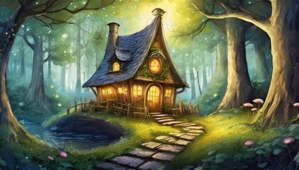 fairy tale castle in forest wallpaper cozy little house in a magical woods on the pages of a fairy tale book cz - obrazy, fototapety, plakaty