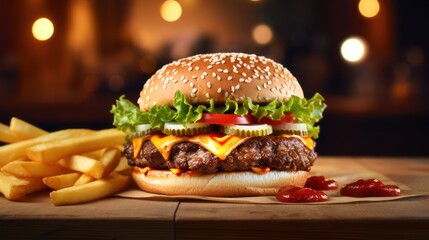 Classic hamburger on a wooden plate and French fries at the back on Burger Shop background. - obrazy, fototapety, plakaty